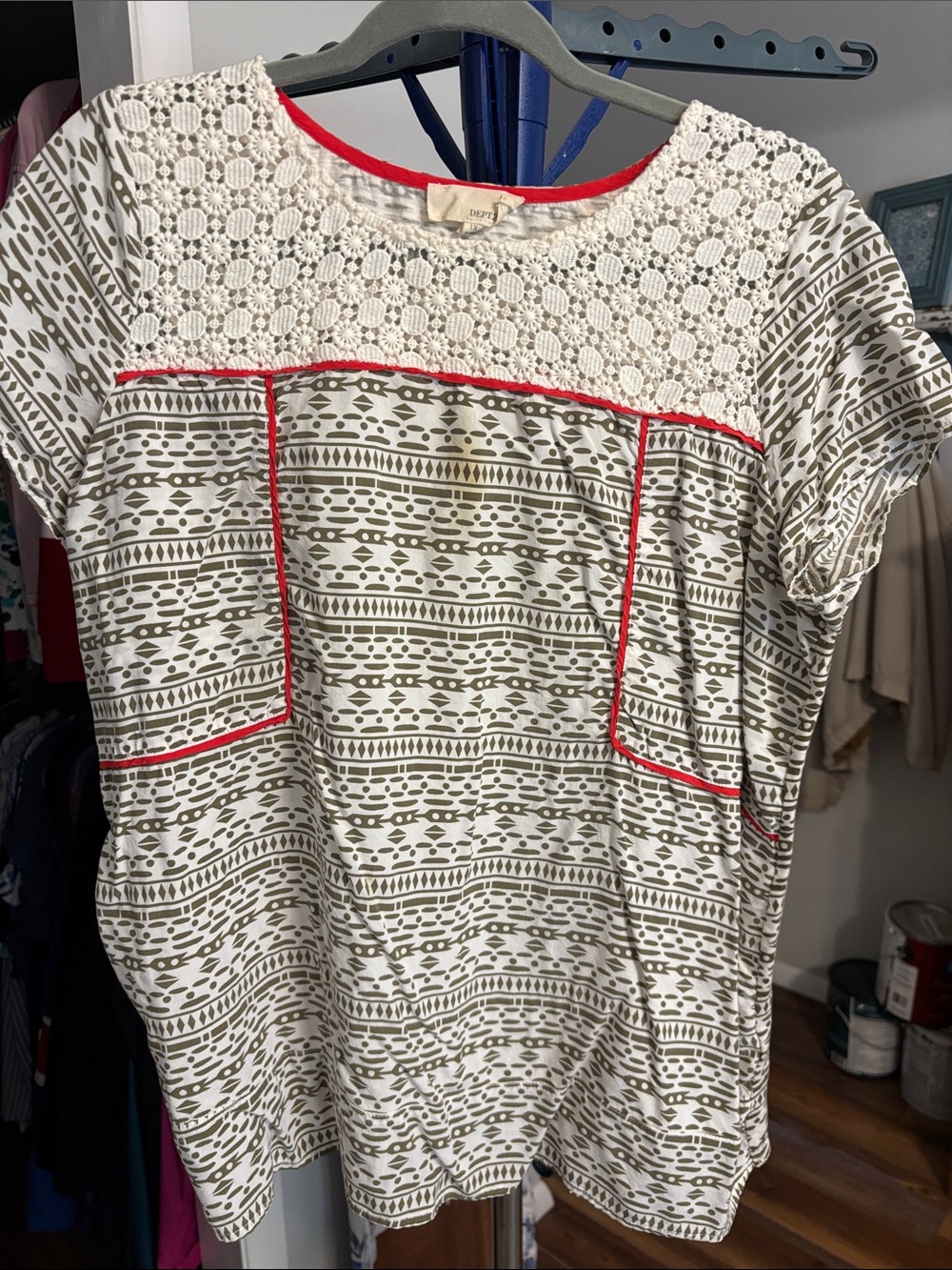 Crochet Yoke Short Sleeve Tee in Olive and Ivory with Red Trim